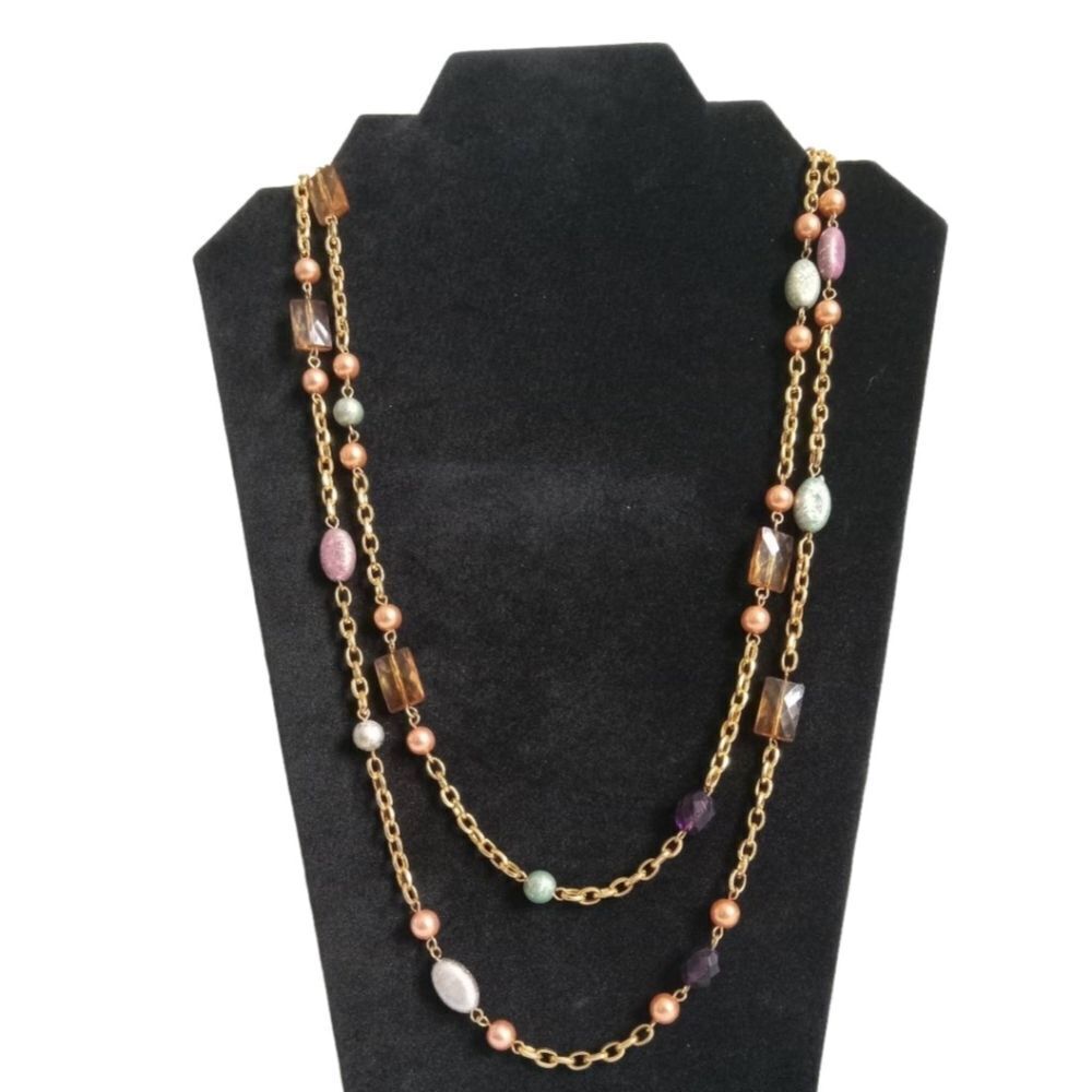 Long Length Gold Toned Metal Colorful Assorted Beads Layering Statement Necklace